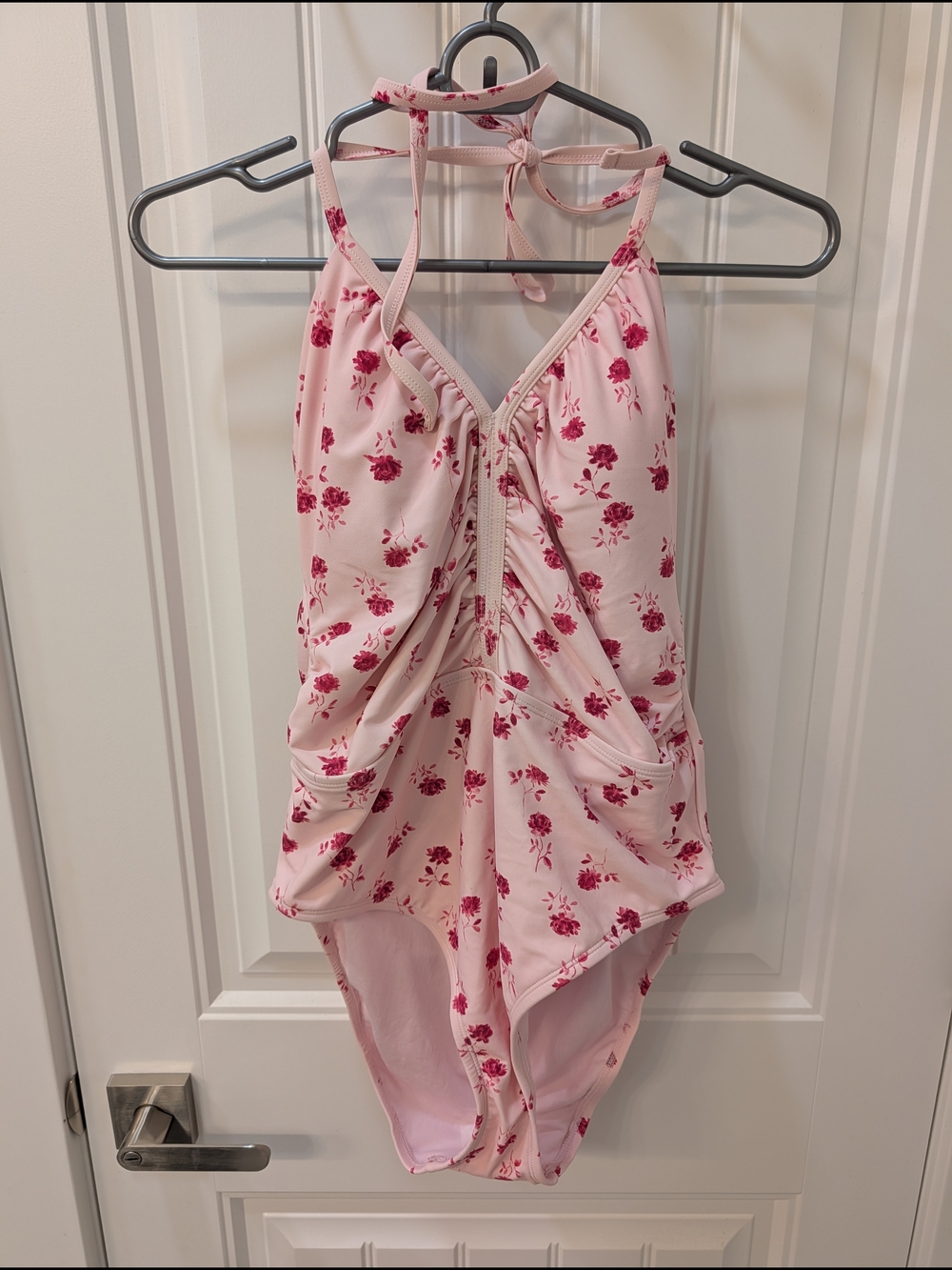 Women's Large Shade & Shore Pink Floral Ruched Halter One-Piece Swimsuit